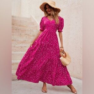 Women's Pink Polka Dot Maxi Dress - V-Neck Puff Sleeve